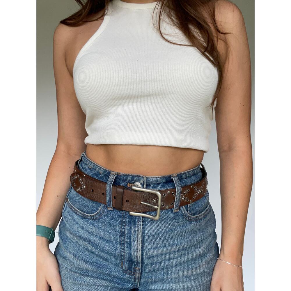 Brown Leather Studded Belt with Grommets
